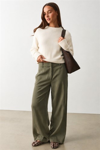 Haki Yüksek Bel Keten Wide Leg Pantolon MG2718