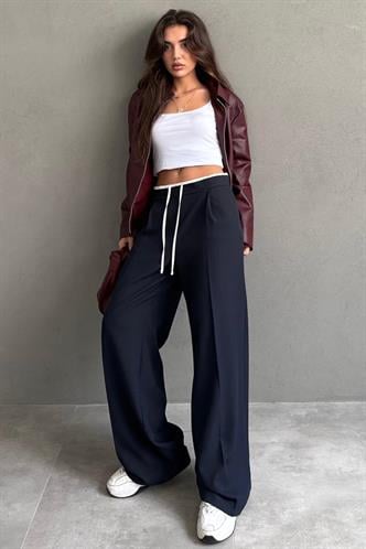 Lacivert Çift Bel Bantlı Wide Leg Kadın Pantolon MG2551