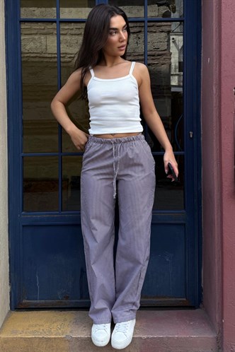 Kahverengi Beli Ayarlanabilir Bol Paça Dökümlü Çizgili Pantolon MG2087