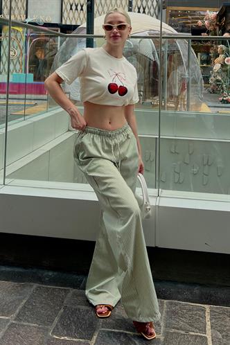 Yeşil Beli Ayarlanabilir Bol Paça Dökümlü Çizgili Pantolon MG2087