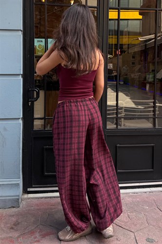 Bordo Ekose Desenli Yüksek Bel Balon Fit Kadın Pantolon MG2726