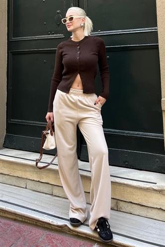 Bej Beli Lastikli Yüksek Bel İspanyol Paça Triko Eşofman  MG2211