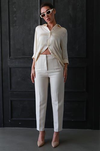 Krem Önü Biyeli Yüksek Bel Kadın Pantolon MG2425