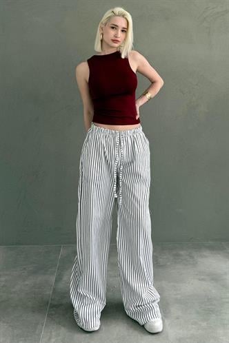 Beyaz Beli Ayarlanabilir Çizgili Cepli Bol Paça Kadın Pantolon Mg2312