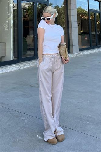 Bej Beli Ayarlanabilir Bol Paça Dökümlü Çizgili Pantolon MG2087