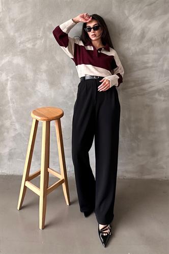 Siyah Çift Pileli Kemerli Pantolon Mg2330