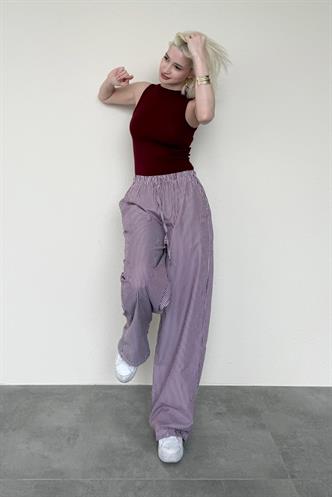 Bordo Beli Ayarlanabilir Bol Paça Dökümlü Çizgili Pantolon MG2087