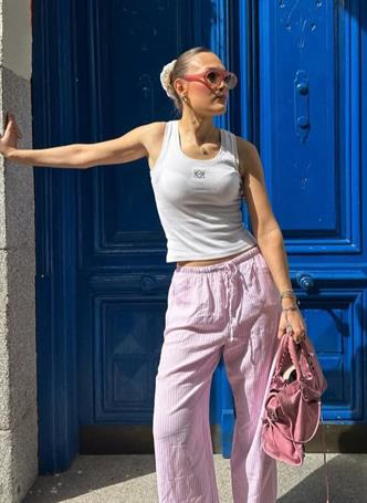 Pembe Beli Ayarlanabilir Bol Paça Dökümlü Çizgili Pantolon MG2087