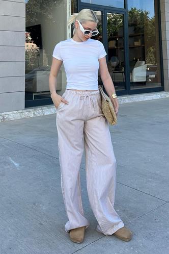 Bej Beli Ayarlanabilir Bol Paça Dökümlü Çizgili Pantolon MG2087