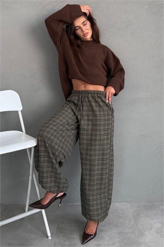 Haki Ekose Desenli Beli Lastikli Balon Pantolon MG2905