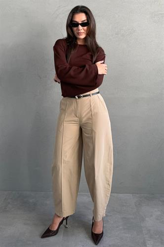 Bej Modern Kesim Kemerli Yüksek Bel Bol Paça Kumaş Pantolon MG2618