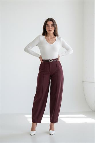 Mürdüm Modern Kesim Kemerli Yüksek Bel Bol Paça Kumaş Pantolon MG2618