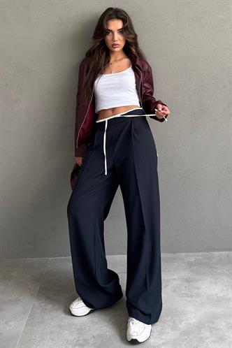 Lacivert Çift Bel Bantlı Wide Leg Kadın Pantolon MG2551