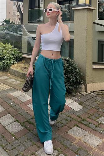 Zümrüt Yeşili Krinkıl Kumaş Basic Kadın Plaj Pantolon MG1778