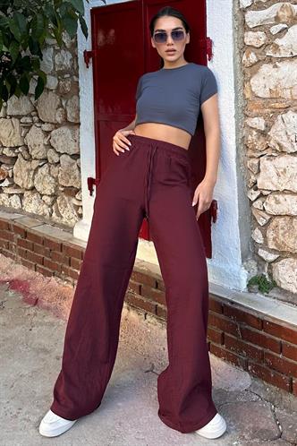 Bordo Bol Paça Müslin Kadın Pantolon MG1980