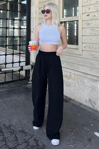 Siyah Bol Paça Müslin Kadın Pantolon MG1980