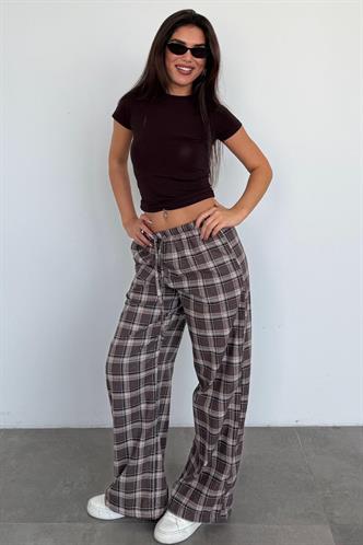 Acı Kahverengi Lastikli Bel Geniş Paça Ekose Pantolon MG2658