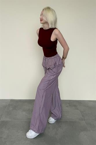 Bordo Beli Ayarlanabilir Bol Paça Dökümlü Çizgili Pantolon MG2087