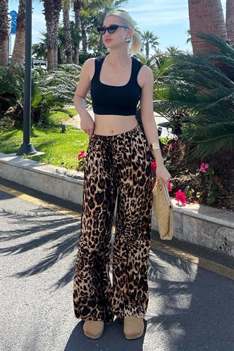 Kahverengi Ayarlanabilir Bel Leopar Desenli Bol Paça Pantolon MG2095