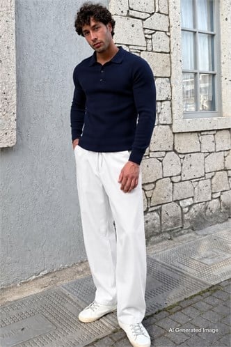 Ekru Bol Paça Beli Bağlamalı Erkek Pantolon E7403