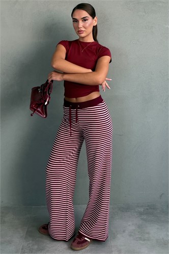 Bordo Çizgili Bol Paça Kadın Triko Pantolon MG2916
