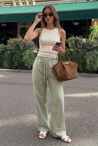Yeşil Beli Ayarlanabilir Bol Paça Dökümlü Çizgili Pantolon MG2087