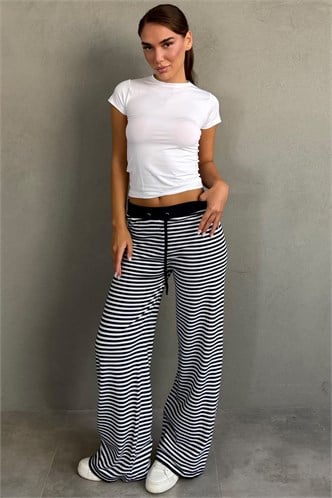 Siyah Çizgili Bol Paça Kadın Triko Pantolon MG2916
