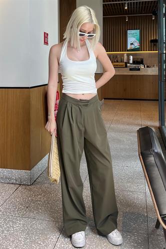 Haki Yüksek Bel Rahat Kesim Bol Paça Pantolon MG2120