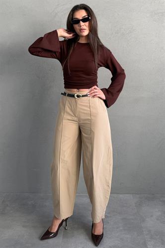 Bej Modern Kesim Kemerli Yüksek Bel Bol Paça Kumaş Pantolon MG2618