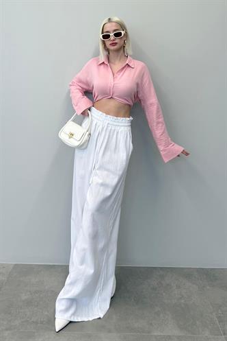 Beyaz Yüksek Bel Bol Paça Pantolon MG2408