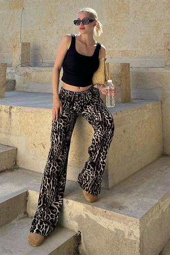 Siyah Ayarlanabilir Bel Leopar Desenli Bol Paça Pantolon MG2095