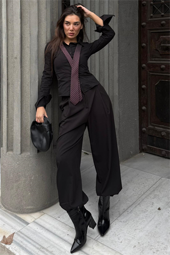 Siyah Pileli Cepli Balon Kadın Pantolon MG2692