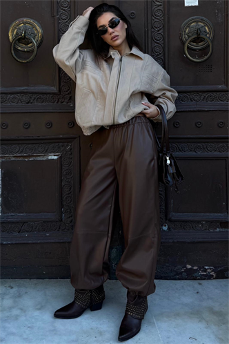 Kahverengi Lastikli Bel Kadın Deri Balon Pantolon MG2701