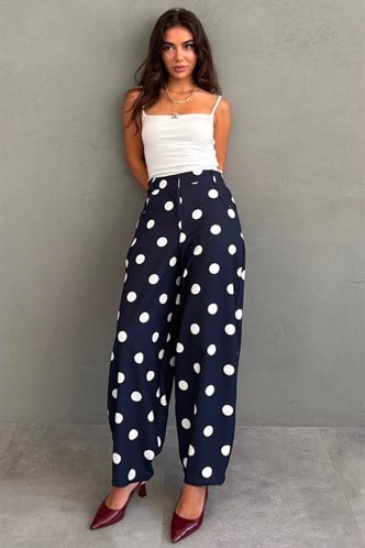 Lacivert Puantiyeli Beli Lastikli Balon Kadın Pantolon MG2886