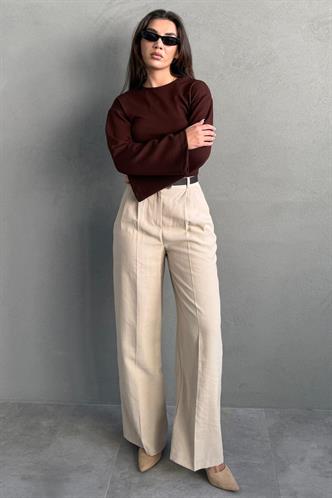 Vizon Yüksek Bel Pileli Kemerli Geniş Paça Kadın Pantolon MG2615