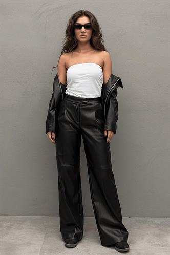 Siyah Pensli Palazzo Kadın Deri Pantolon MG2612