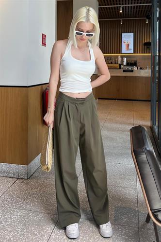 Haki Yüksek Bel Rahat Kesim Bol Paça Pantolon MG2120