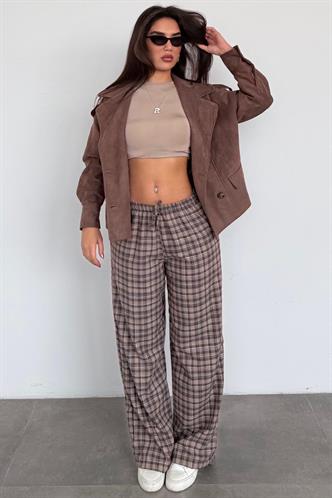 Kahverengi Lastikli Bel Geniş Paça Ekose Pantolon MG2658