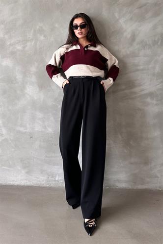 Siyah Çift Pileli Kemerli Pantolon Mg2330