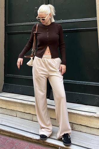 Bej Beli Lastikli Yüksek Bel İspanyol Paça Triko Eşofman  MG2211