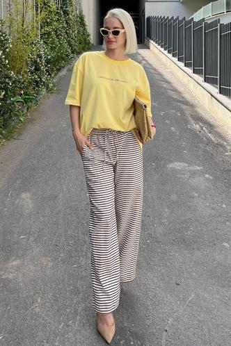 Kahverengi Beli Ayarlanabilir Pamuklu Bol Paça Dökümlü Çizgili Pantolon MG2133