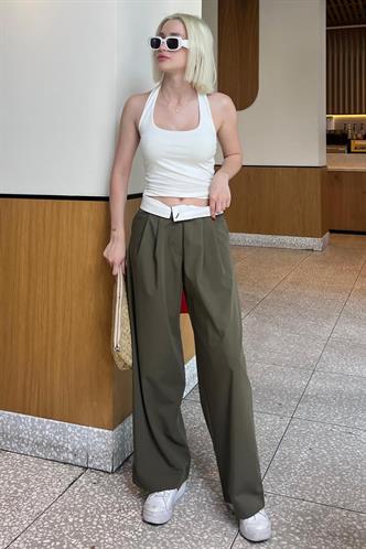 Haki Yüksek Bel Rahat Kesim Bol Paça Pantolon MG2120