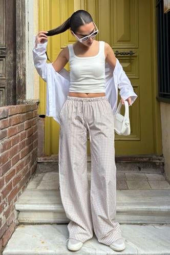 Bej Pötikareli Bol Paça Kadın Pantolon Mg2335