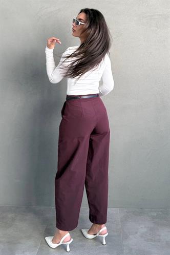 Mürdüm Yüksek Bel Pileli Kemerli Geniş Paça Kadın Pantolon MG2615