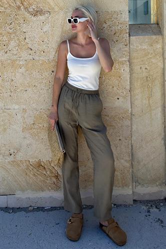 Yeşil Ayarlanabilir Bel Rahat Kesim Pantolon MG2161