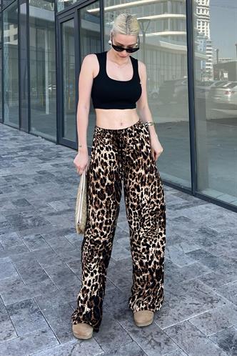 Kahverengi Ayarlanabilir Bel Leopar Desenli Bol Paça Pantolon MG2095