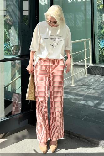 Turuncu Beli Ayarlanabilir Pamuklu Bol Paça Dökümlü Çizgili Pantolon MG2133
