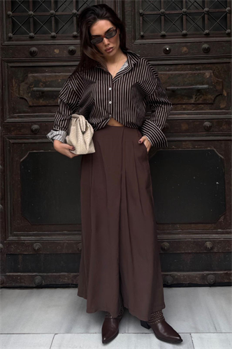 Kahverengi Rahat Kesim Pileli Cepli Kadın Etek Pantolon MG2693