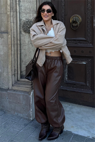 Kahverengi Lastikli Bel Kadın Deri Balon Pantolon MG2701