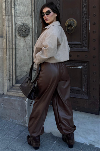 Kahverengi Lastikli Bel Kadın Deri Balon Pantolon MG2701